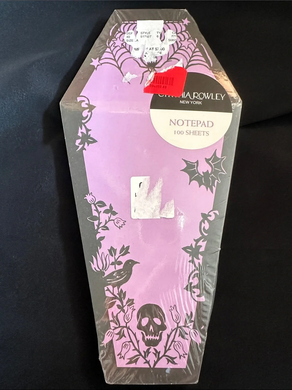 Cynthia Rowley NWT coffin shaped notepad. 100 sheets in purple & black